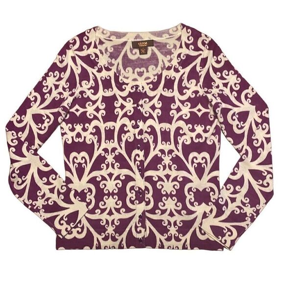 Victor Alfaro wool purple & white button front scoop neck cardigan M - Picture 1 of 11